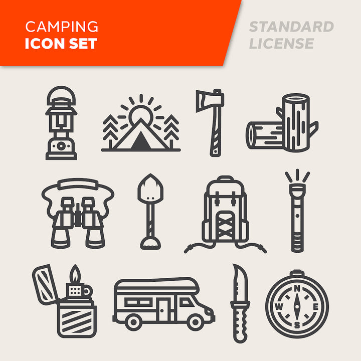 Camping icon set drawn in a minimalistic line style. Royalty free vector images for download.